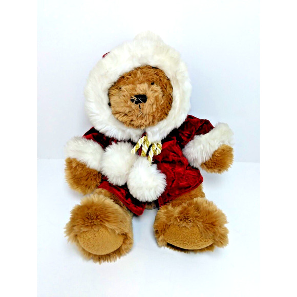 Just Friends 14" Fuzzy Brown Christmas Bear Velvet Robed Gold Pom Pom Santa Hat - Picture 1 of 8